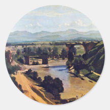 The Bridge At Narni By Corot Jean-Baptiste-Camille Round Stickers