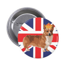 The Queen's Corgi with Crown and Union Jack Button