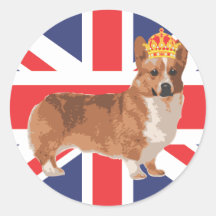 The Queen's Corgi with Crown and Union Jack Round Sticker
