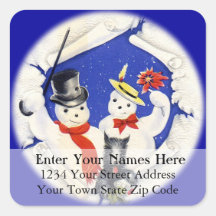 The Snow Family and Dog Vintage Address Label Square Stickers