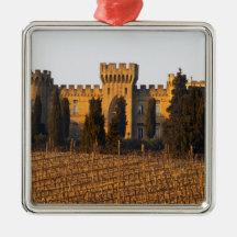 The vineyard with syrah vines and the chateau christmas ornaments