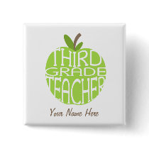 Third Grade Teacher Button - Green Apple