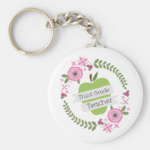 Third Grade Teacher Floral Wreath Green Apple Key Chain