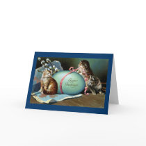 Three Cats & Big Blue Easter Egg Greeting Card