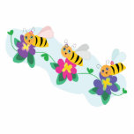 three cute happy bumble bees on flowers photo sculptures