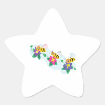 three cute happy bumble bees on flowers star stickers