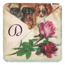 THREE DOGGIES WITH ROSES  MONOGRAM