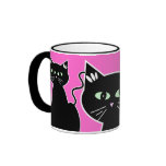 Three Green-Eyed Black Cats Retro Drawing Coffee Mugs