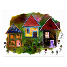 Three House Collage with Flowers Post Card