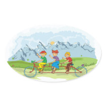 Three Kids on a Bike Oval Stickers