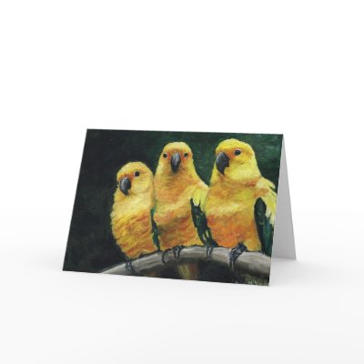 "Three Sun Conures" Bird Art  Greeting Card by CharlottesWebArt