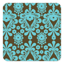 tiffany blue and brown swirl ornate damask square sticker