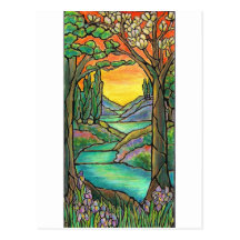 Tiffany Landscape Stained Glass Design ART! Postcard