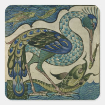 Tile design of heron and fish, by Walter Crane Square Stickers