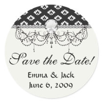 tiny black and white damask pattern round sticker