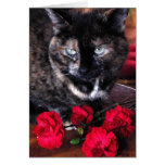 Tortoiseshell Cat with Red Flowers cards