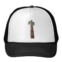 Totem pole carved from cedar trucker hat