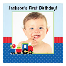 Train Polka Dot 1st Birthday Boy Photo Invite