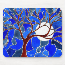 Tree and Moon on Canvas - Blue Mouse Pads