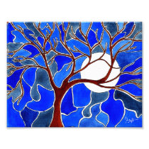 Tree and Moon on Canvas - Blue Photographic Print