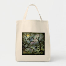 tree night scene full moon silk art painting bags