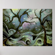 tree night scene full moon silk art painting posters