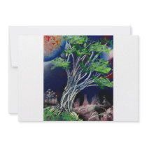 Tree Painting with blue city and orange sun