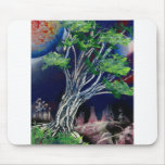 Tree Painting with blue city and orange sun Mouse Pads
