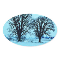 Trees and Farm in the Twilight with Snow Oval Stickers