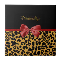 Trendy Black And Gold Leopard Print Red Ribbon Ceramic Tile