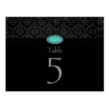 Trendy black damask aqua jewel wedding table card postcards