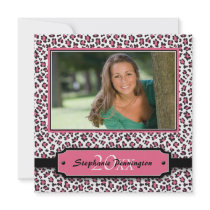 Trendy black pink cheetah graduation photo party invites