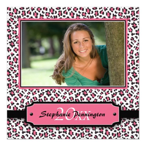 Trendy black pink cheetah graduation photo party invites