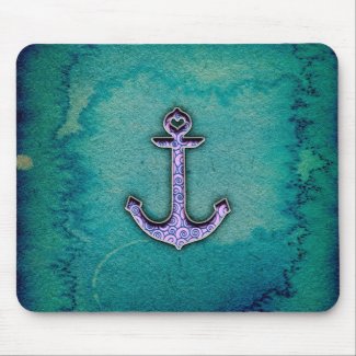 Trendy Blue and teal watercolor Heart Anchor Mouse Pad