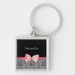 Trendy Leopard Print and Pink Ribbon With Name Keychains