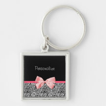 Trendy Leopard Print and Pink Ribbon With Name Keychains