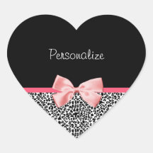 Trendy Leopard Print and Pink Ribbon With Name Heart Stickers