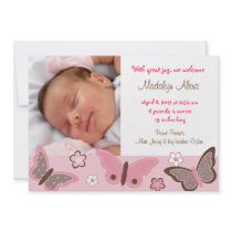 Trendy Pink Butterfly Photo Birth Announcements