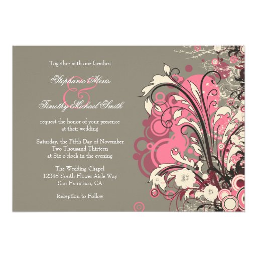 Trendy pink grey grunge swirls wedding invitation