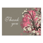 Trendy pink grey grunge swirls wedding thank you greeting card