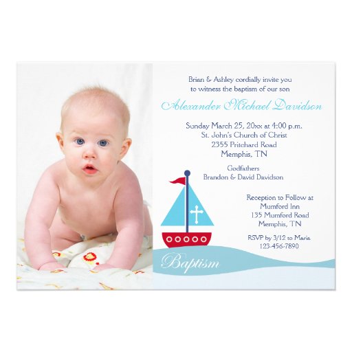 Trendy Sailboat Baptism Photo Invitation