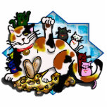 tri-colour maneki neko w/7 kittens