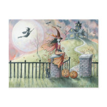 Trick or Treat Halloween Postcard Witch Cat