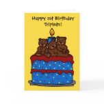 triplet bears on 1st birthday cake card
