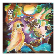 Tropical Birds at Full Moon Paradise Silk Painting Custom Invite