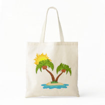Tropical Island with Two Palm Trees Canvas Bags