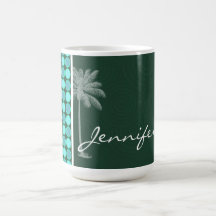 Tropical Palm; Green & Turquoise Polka Dot Coffee Mugs