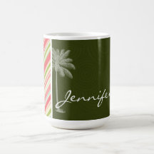 Tropical Palm with Coral & Green Stripes Coffee Mugs