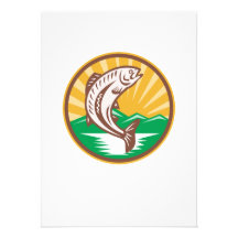 Trout Jumping Up Retro Woodcut Personalized Invites