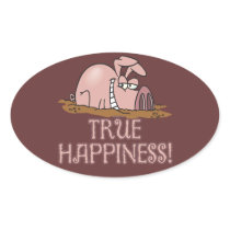 true happiness cute pig in mud cartoon oval sticker